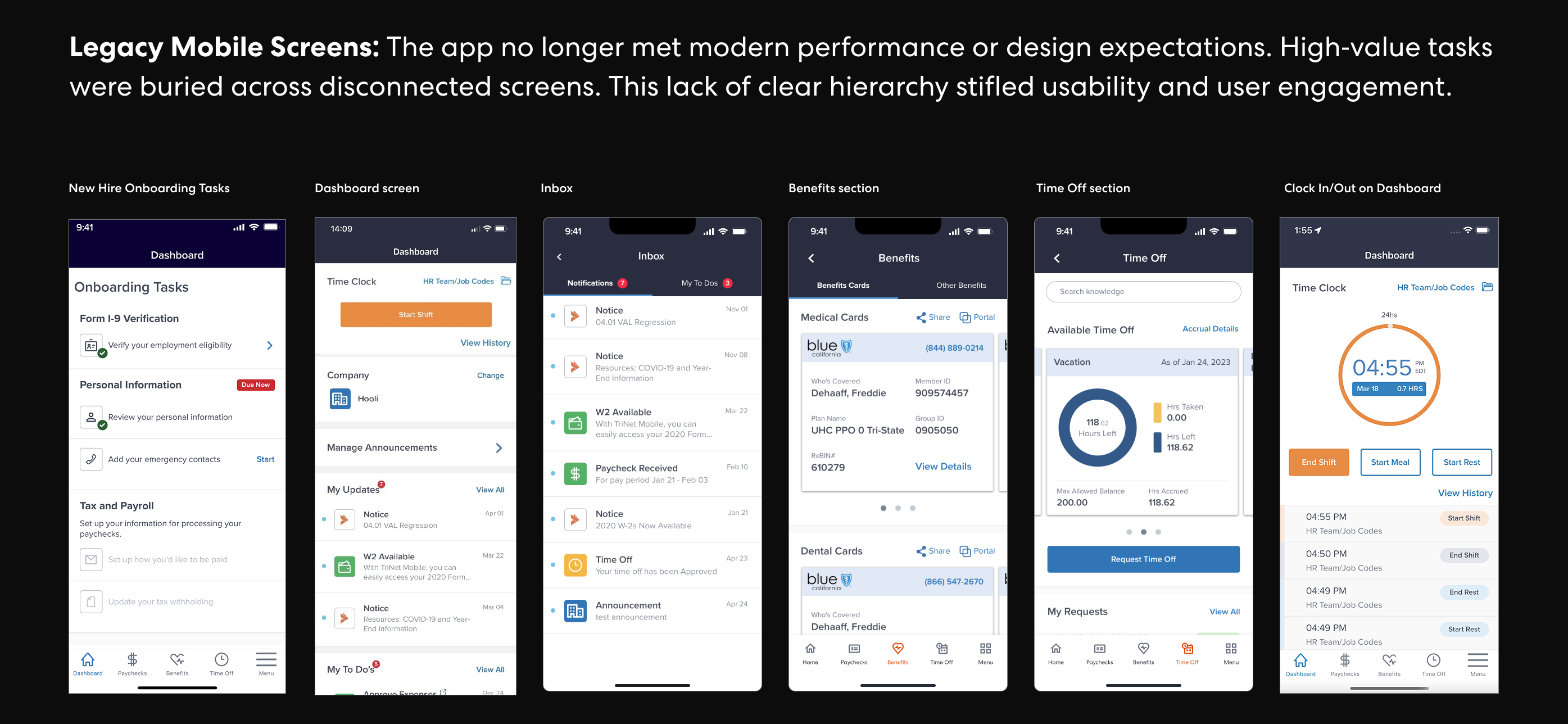 Legacy mobile app screens showing the fragmented experience